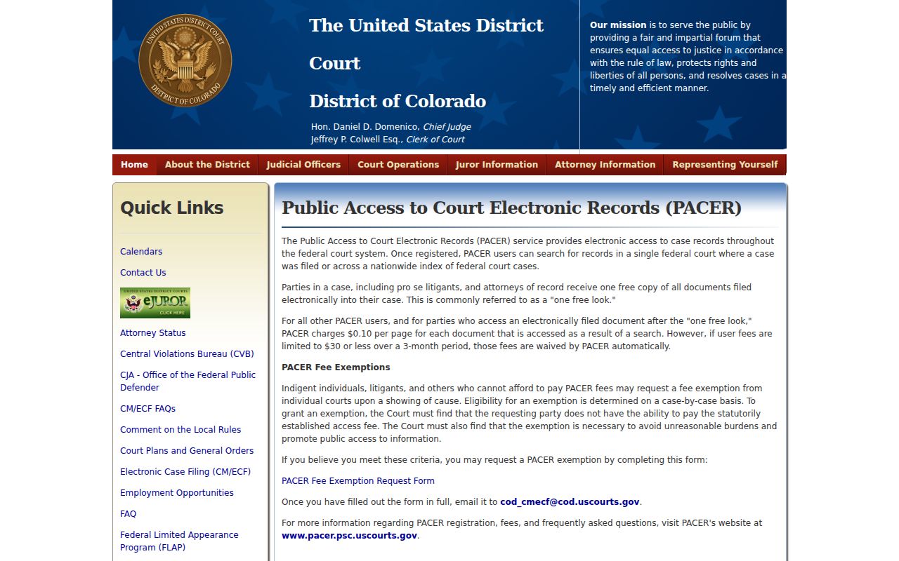 Huerfano County Clerk of Court records PACER reference