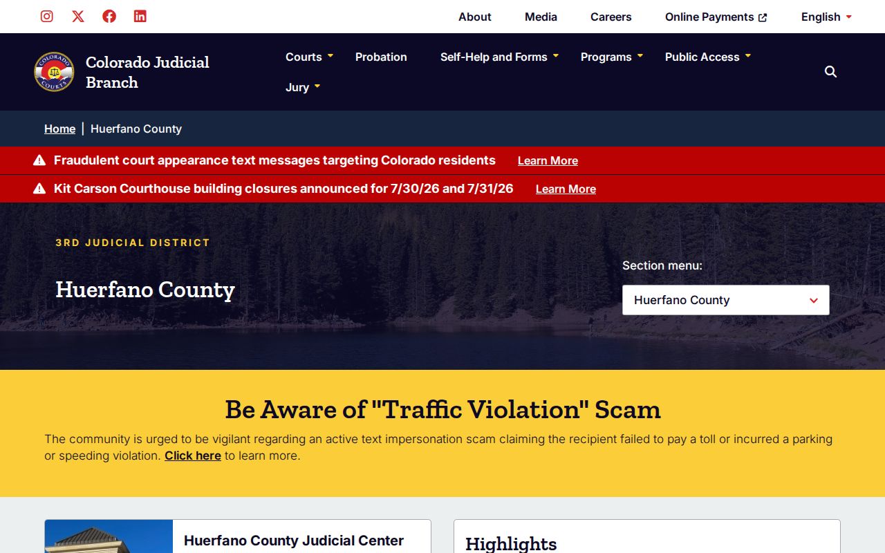 Huerfano County court records Judicial Branch landing page