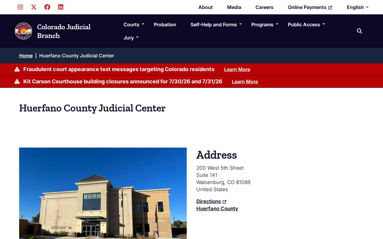Huerfano County court records Judicial Center location page