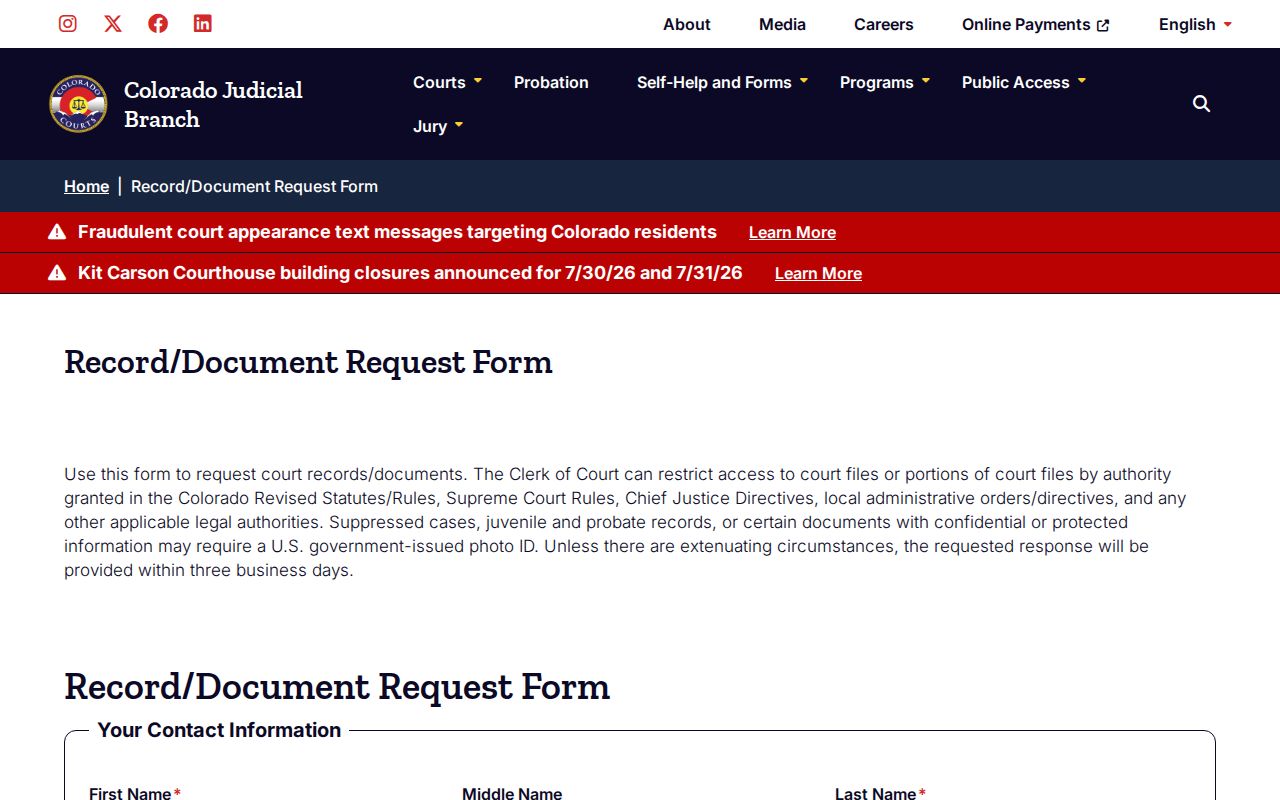 Huerfano County probate records court document request form