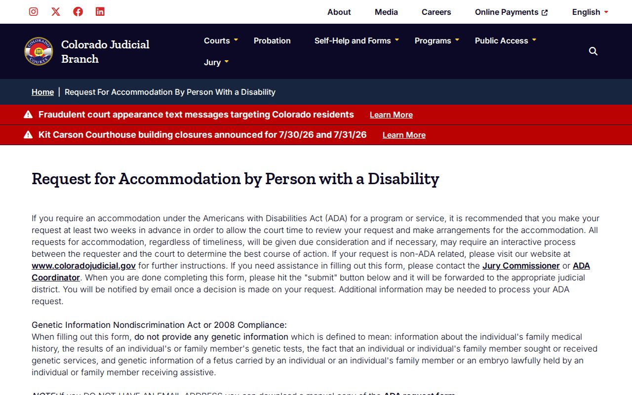 Huerfano County probate records ADA accommodation request page