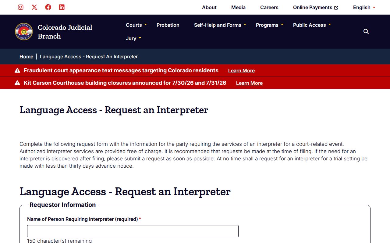 Huerfano County probate records interpreter request page